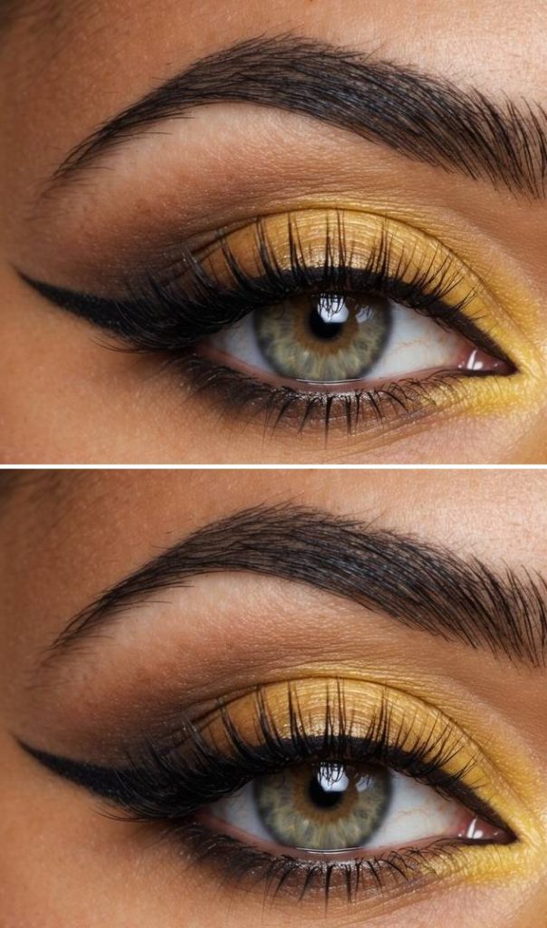 Haldi eye makeup look with gold shimmer on the lid, soft brown crease, and black eyeliner wing extending outward.