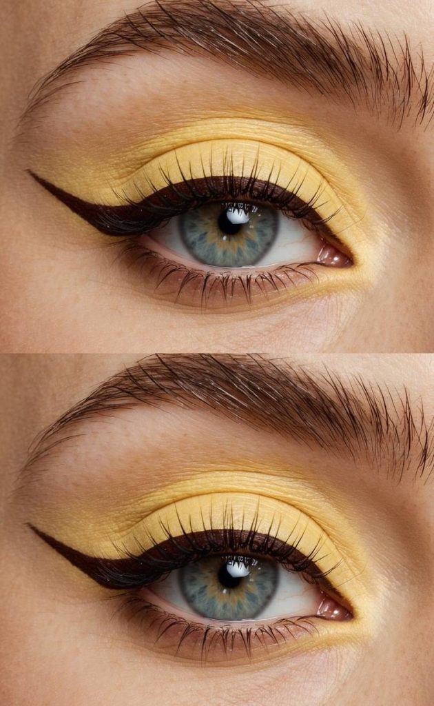 Haldi eye makeup look featuring matte yellow shadow on the lid and deep wine-colored eyeliner in a dramatic wing shape.