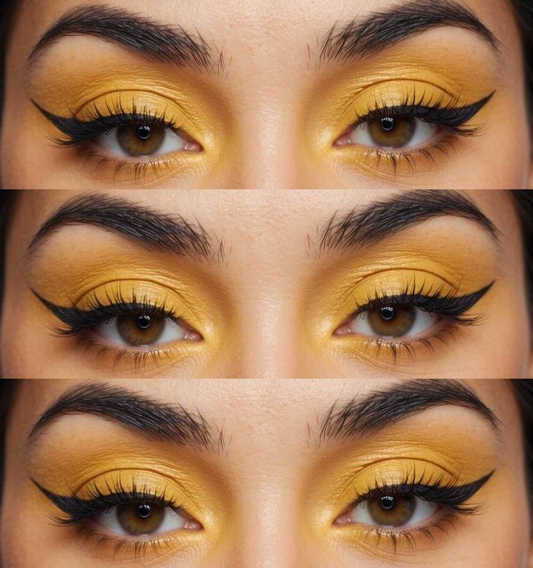 Haldi eye makeup look with bright sunflower yellow on the eyelid and thick, dramatic black eyeliner wing.