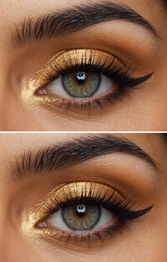 Haldi eye makeup look showing golden shimmer on the eyelid, warm brown transition shade, and strong black winged liner.