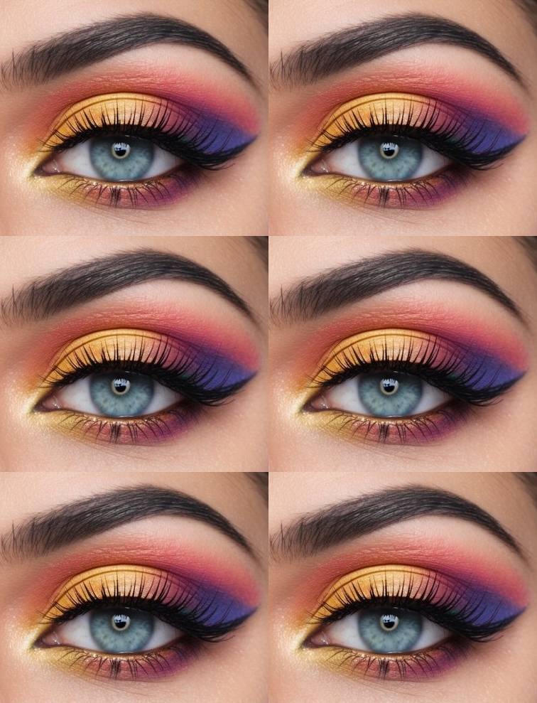 Crazy eye makeup looks featuring yellow shimmer, coral pink, and violet shades in a striking cut-crease style with heavy lash definition.