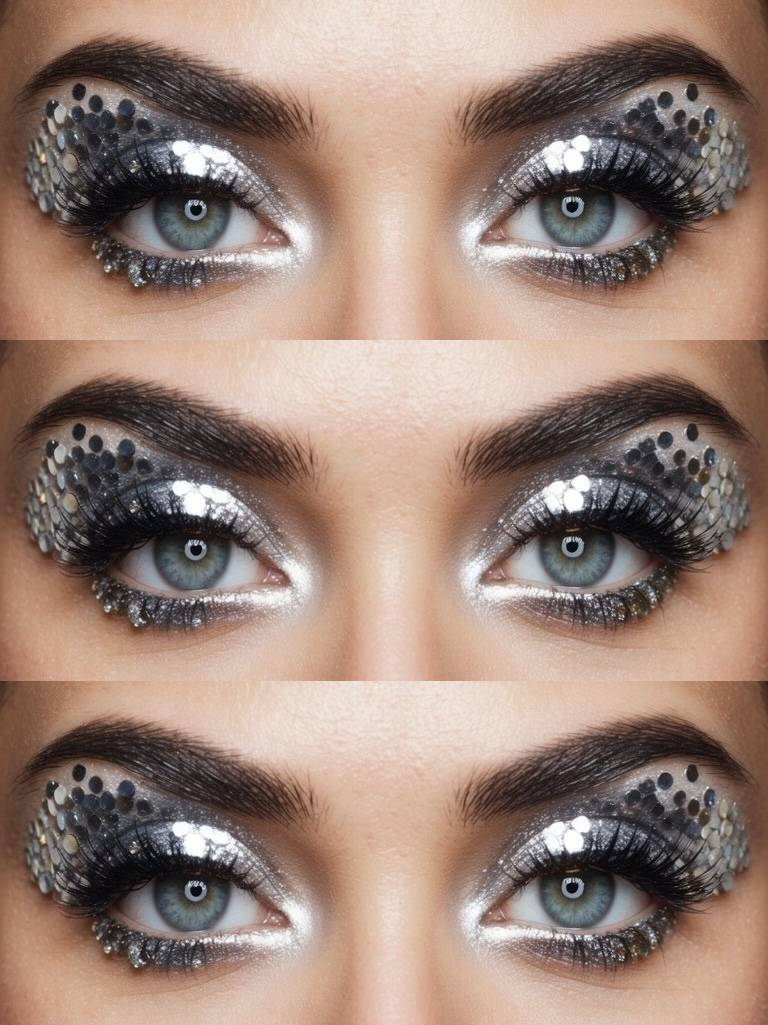 Crazy eye makeup looks with silver sequins, metallic eyeshadow, and heavy lashes designed to mimic a dazzling disco ball effect.