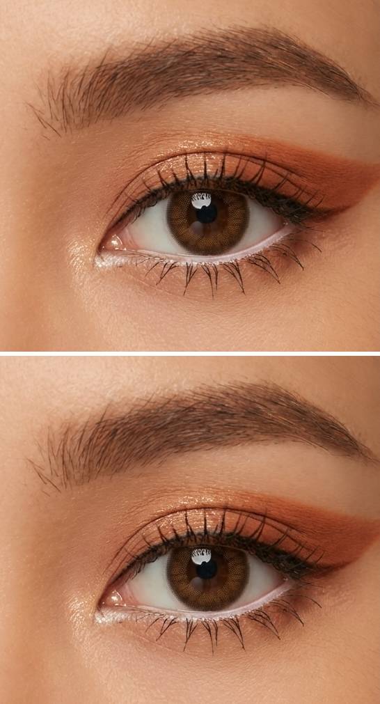Close-up of warm anime eye makeup featuring peach shimmer on the lids, soft terracotta blend, and a smooth extended eyeliner flick.