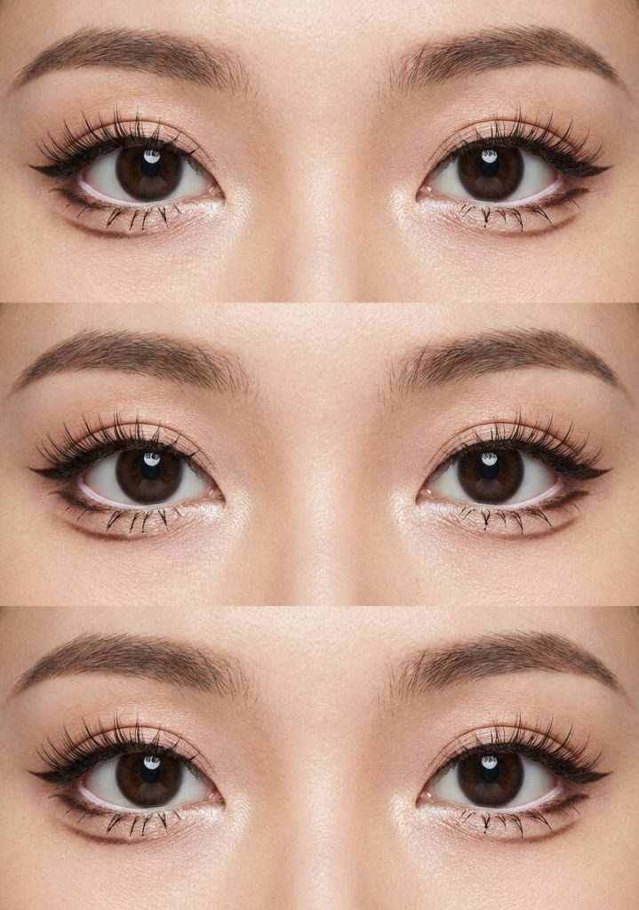 Close-up of soft anime eye makeup look using light brown shadow, defined top liner, and small lower lash extensions for a doe-eyed effect.